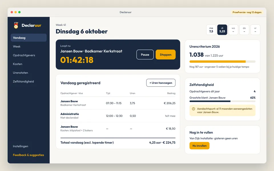 Declaruur on the Mac: time tracking with a timer, the 1,225-hour criterion and independence status