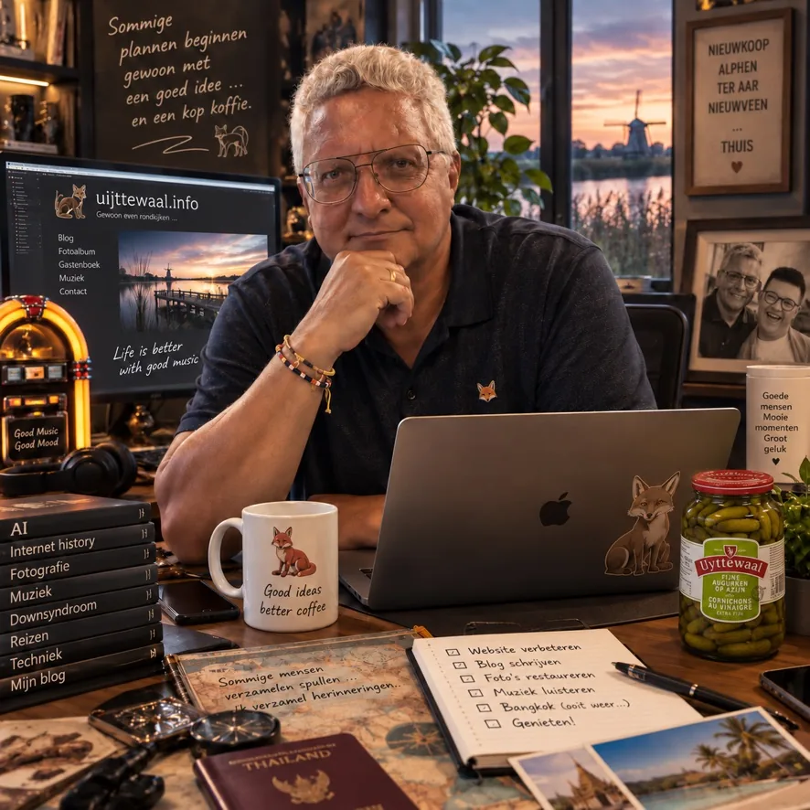 Pim Uijttewaal, app developer and IT consultant from Nieuwveen, at his desk with a laptop and the Uijttewaal fox